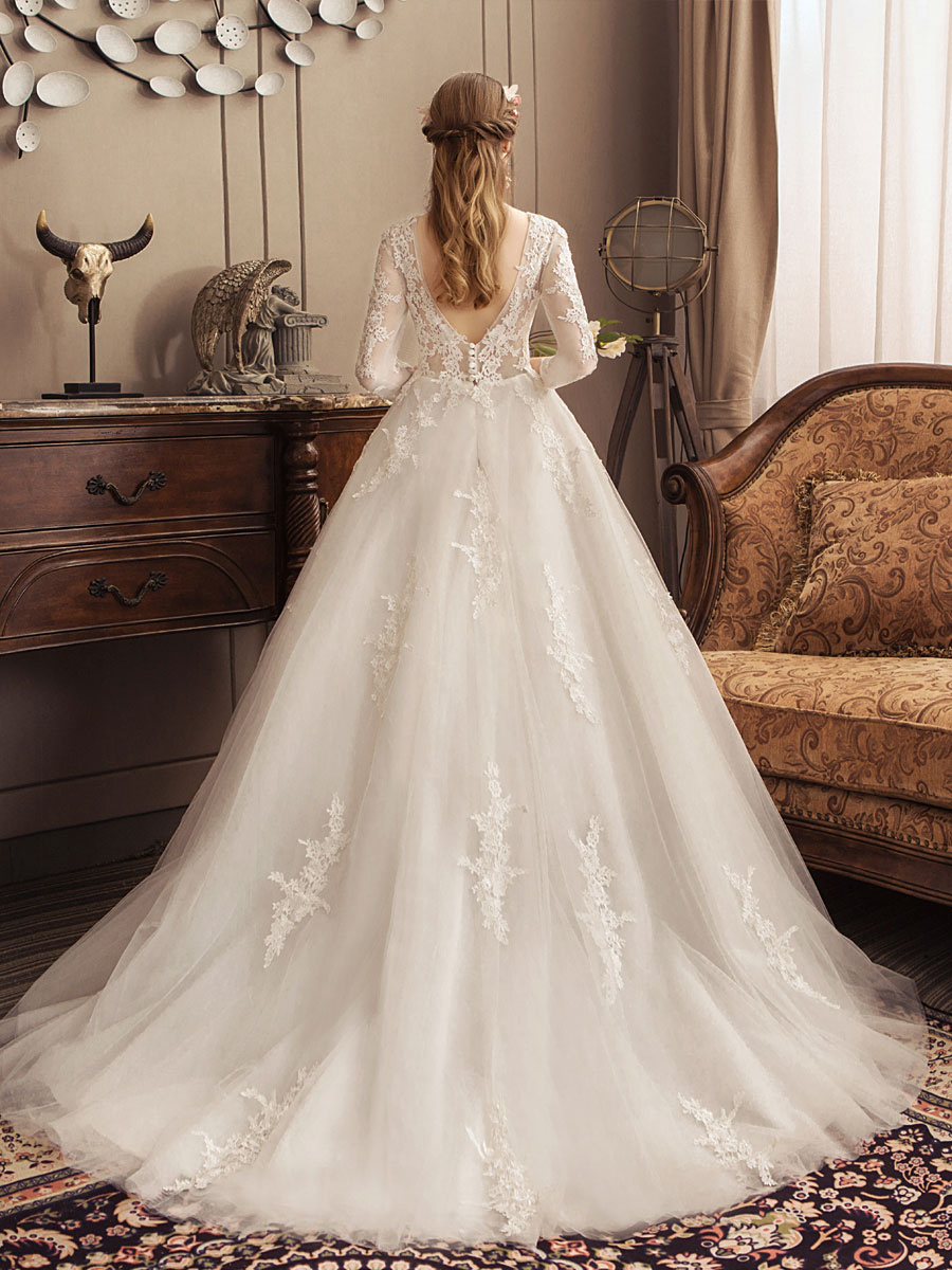 Ivory Wedding Dresses Lace Applique Jewel Neck 3/4 Length Sleeve Princess Bridal Gown With Train-newarrivaldress