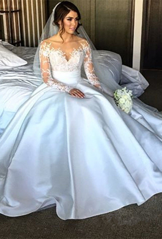 Satin Elegant A-Line Wedding Dresses Long Sleeve Lace Appliques Bridal Gowns-newarrivaldress