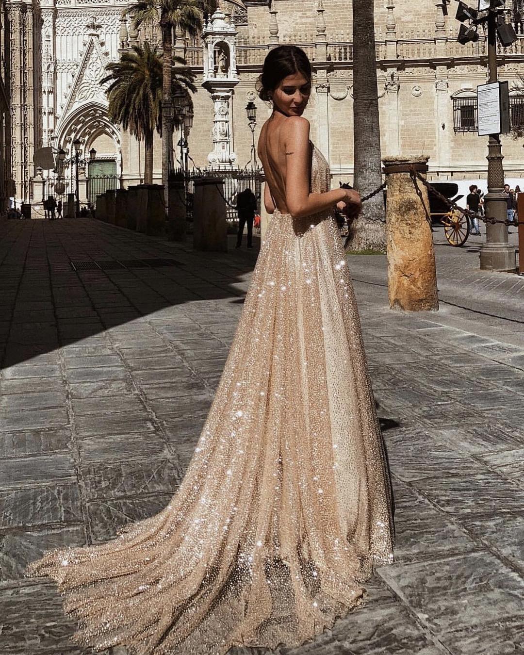 Glamorous Sequins A-Line Long Prom Gowns | 2021 Spaghetti Straps V-Neck Evening Dress-newarrivaldress
