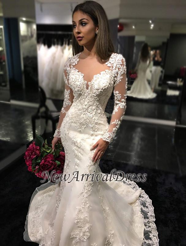 Mermaid Appliques Tulle Mermaid Charming Sheer Tulle Long Sleeves Bridal Dresses-newarrivaldress