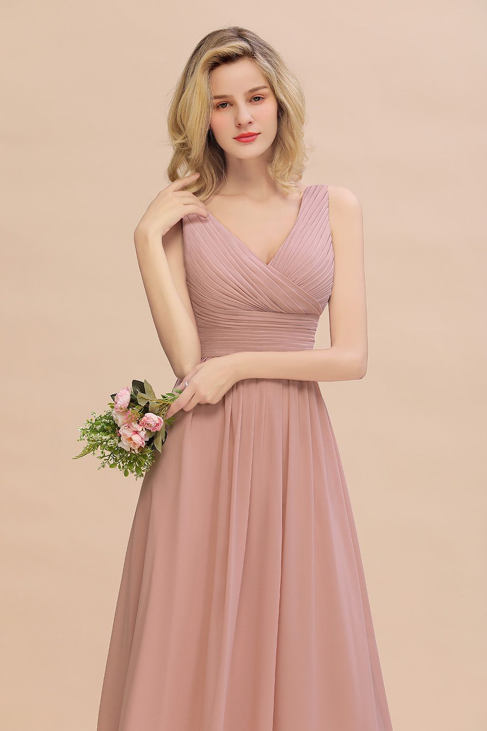 Elegant Dusty Rose Ruffle Chiffon Bridesmaid Dress Aline Sleeveless Wedding Party Dress-newarrivaldress