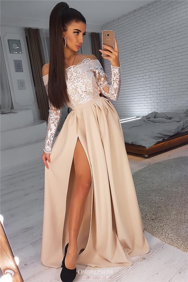 Off-The-Shoulder Long Sleeves Side-Slit A-Line Evening Dresses-newarrivaldress