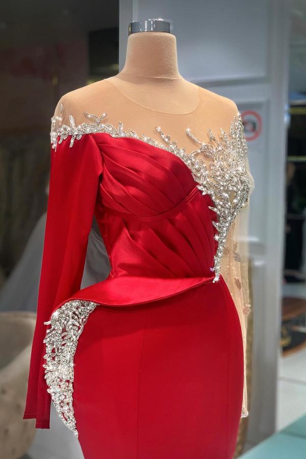 Crew Neck Long Sleeves Red Satin Long Mermaid Prom Dress with Glitter Crystals-newarrivaldress