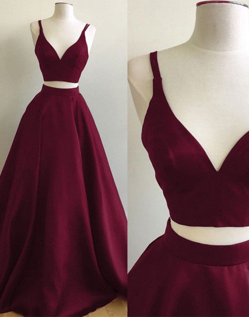 Elegant Straps Burgundy Evening Gowns | Custom Made Two Piece Sleeveless Prom Dresses-newarrivaldress