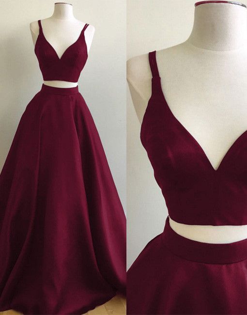 Elegant Straps Burgundy Evening Gowns | Custom Made Two Piece Sleeveless Prom Dresses-newarrivaldress