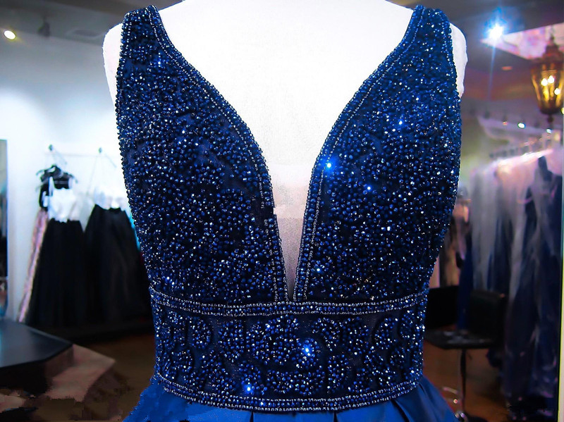 V-Neck Beads Custom Made Prom Dresses | A-line Sleeveless Navy Elegant Evening Dress-newarrivaldress