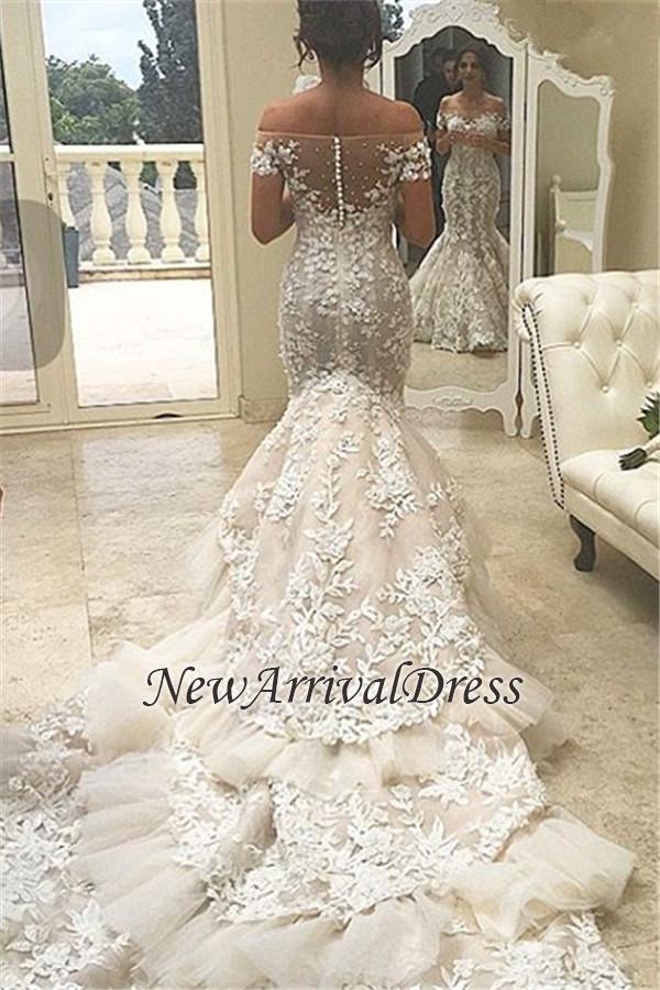 Buttons Tiered Appliques Tulle Off The Shoulder Mermaid Elegant Wedding Dresses-newarrivaldress