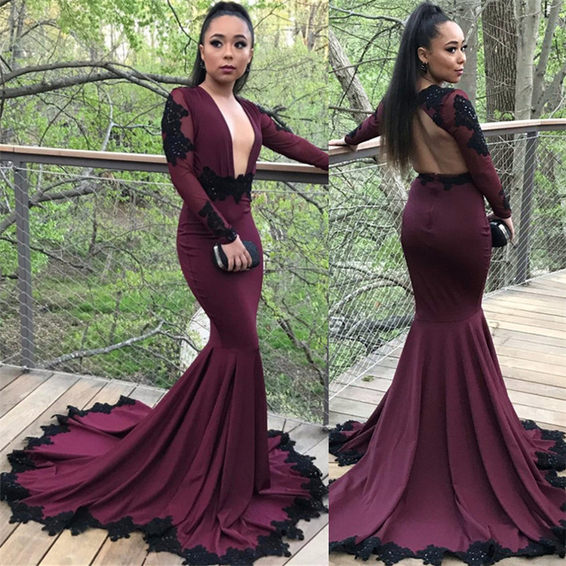 Long Mermaid Long Sleeve Prom Dresses | Appliques Open Back Formal Dresses with Beads SK0041-newarrivaldress