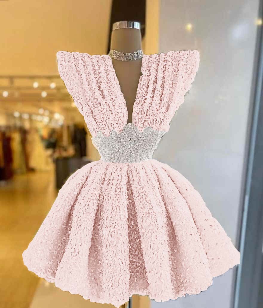 V Neck Sleeveless A Line Short Prom Dress With Pleated Sequins