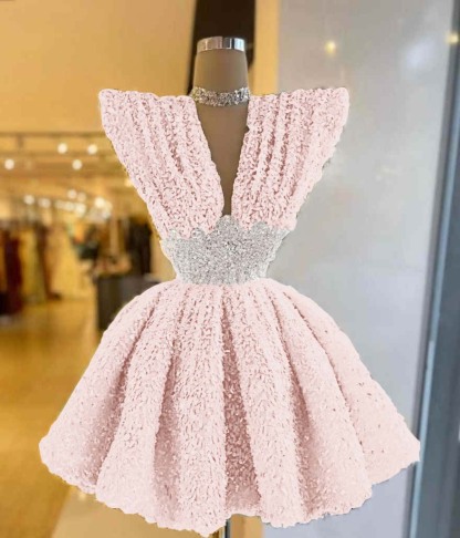 V Neck Sleeveless A Line Short Prom Dress With Pleated Sequins