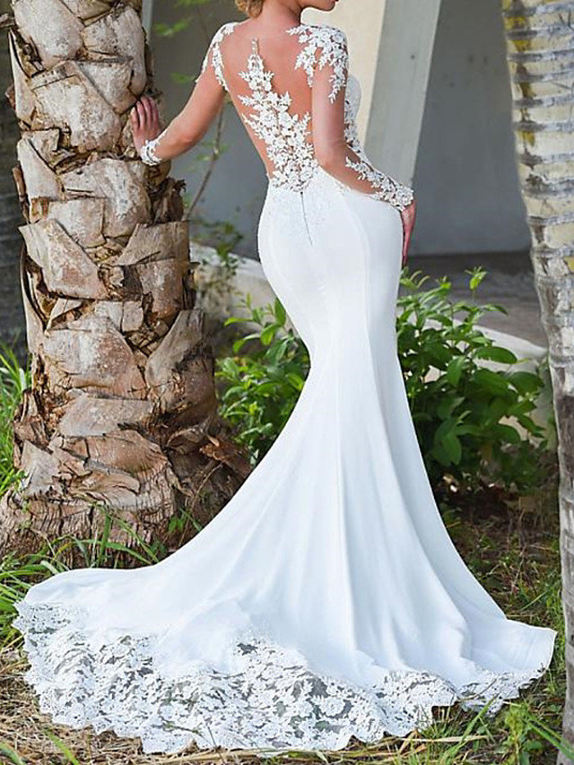 Charming White Mermaid Bridal Gown Long Sleeves Lace Appliques Wedding Dress-newarrivaldress