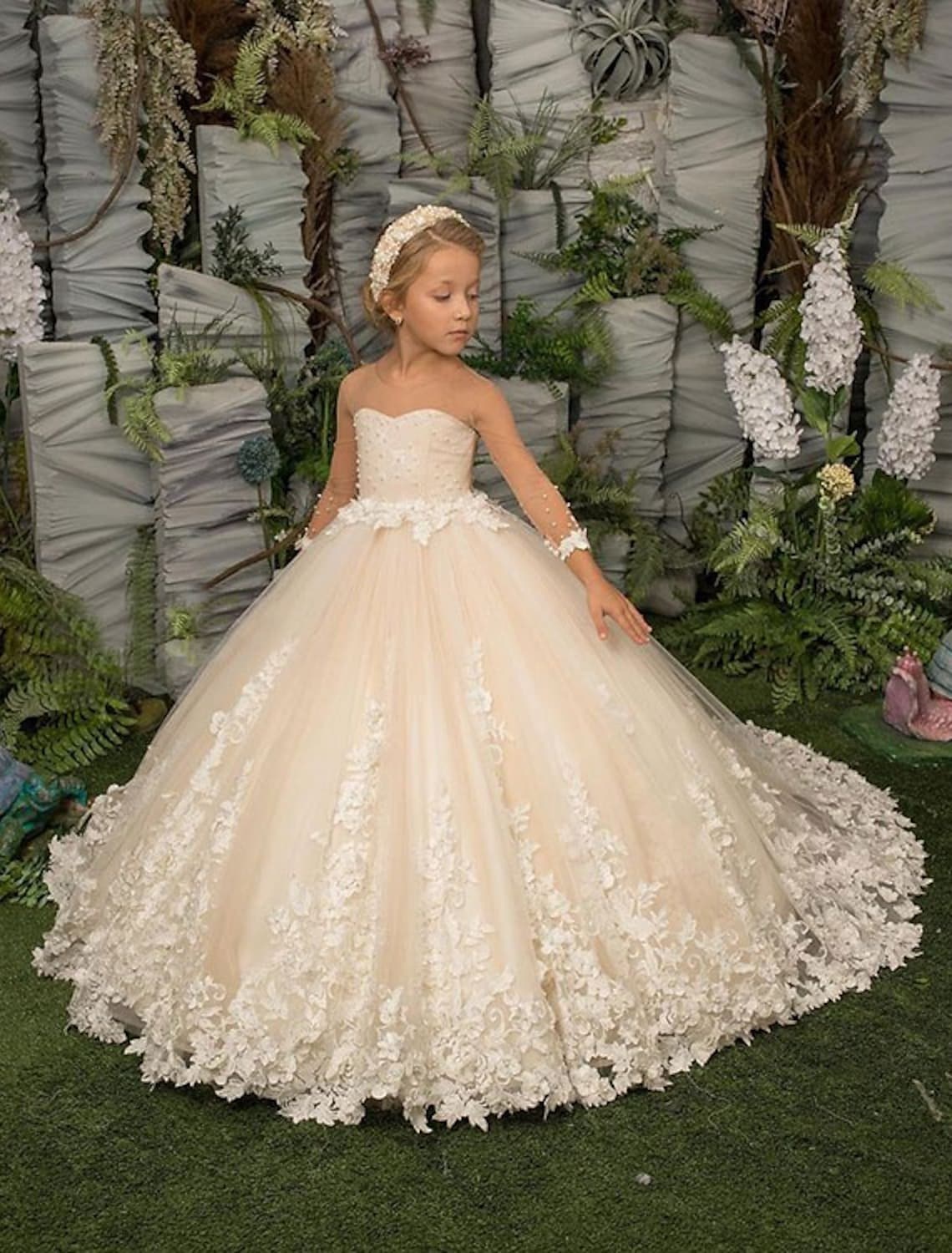 Elegant Long Sleeves Flower Girl Dress Princess Tulle Lace Appliques Pageant Dress-newarrivaldress