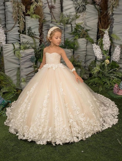 Elegant Long Sleeves Flower Girl Dress Princess Tulle Lace Appliques Pageant Dress-newarrivaldress