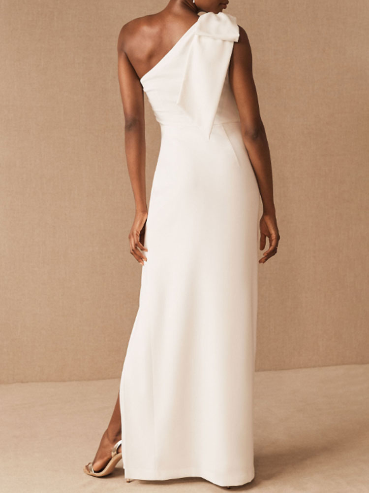 Simple Wedding Dress Sheath One Shoulder Sleeveless Bows Bridal Gowns-newarrivaldress