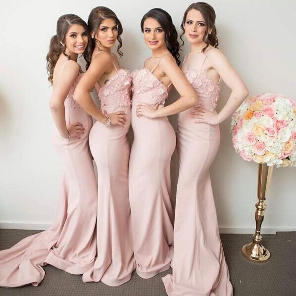 Spaghettis-Straps Mermaid 3D-Floral-Appliques Pink Bridesmaid Dresses-newarrivaldress