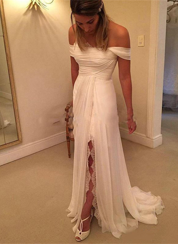 Lace Side Slit Chiffon Off The Shoulder Wedding Dresses-newarrivaldress