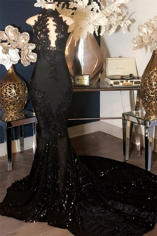 Black Appliques High Neck Sleeveless Mermaid Long Prom Dresses-newarrivaldress