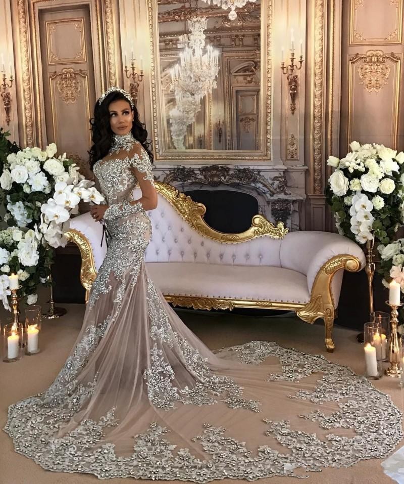 Beautiful Lace Long Sleeve Luxury Silver High Neck Mermaid Wedding Dresses-newarrivaldress