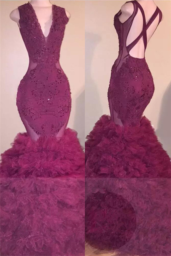 Sleeveless Mermaid Ruffles Long Prom Dresses Plus Size | Criss-cross Applqiues Formal Dresses-newarrivaldress