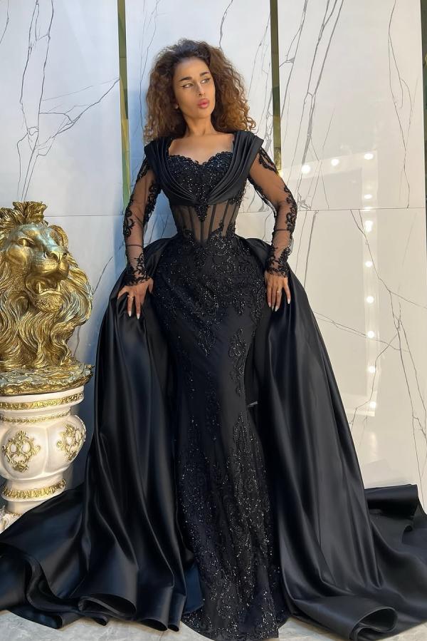 Luxury Black Mermaid Evening Gowns with Long Sleeves Appliques Long Prom Dress