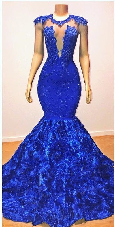 New Arrival Royal Blue Flowers Mermaid Evening Gowns | Glamorous Sleeveless With lace Appliques Long Prom Dresses-newarrivaldress