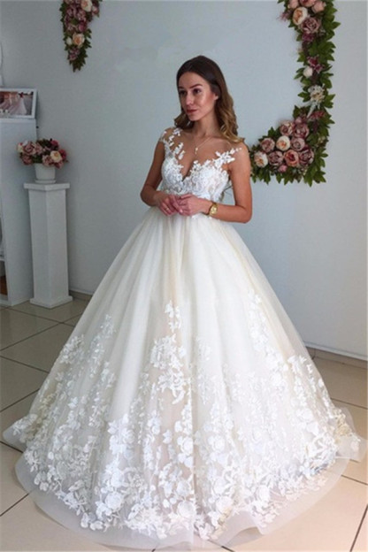 Appliques Backless A-Line Floor Length Lace Court Trian Wedding Dresses Online-newarrivaldress