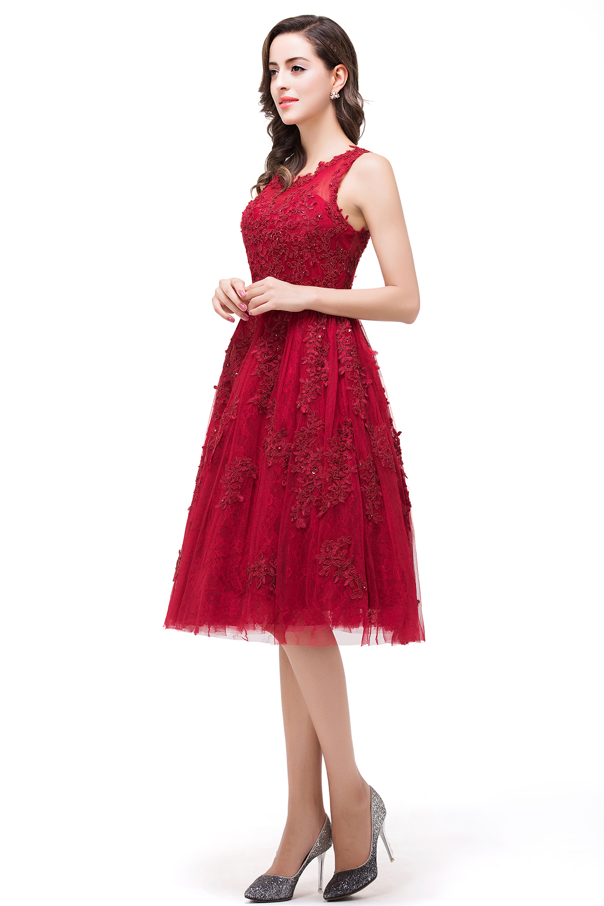 DANA | A-Line Knee-Length Red Lace Tull Prom Dresses with sequins-newarrivaldress