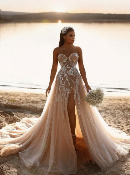 Sweetheart Strapless Side Split Tulle Wedding Dress with Floral Lace Pattern