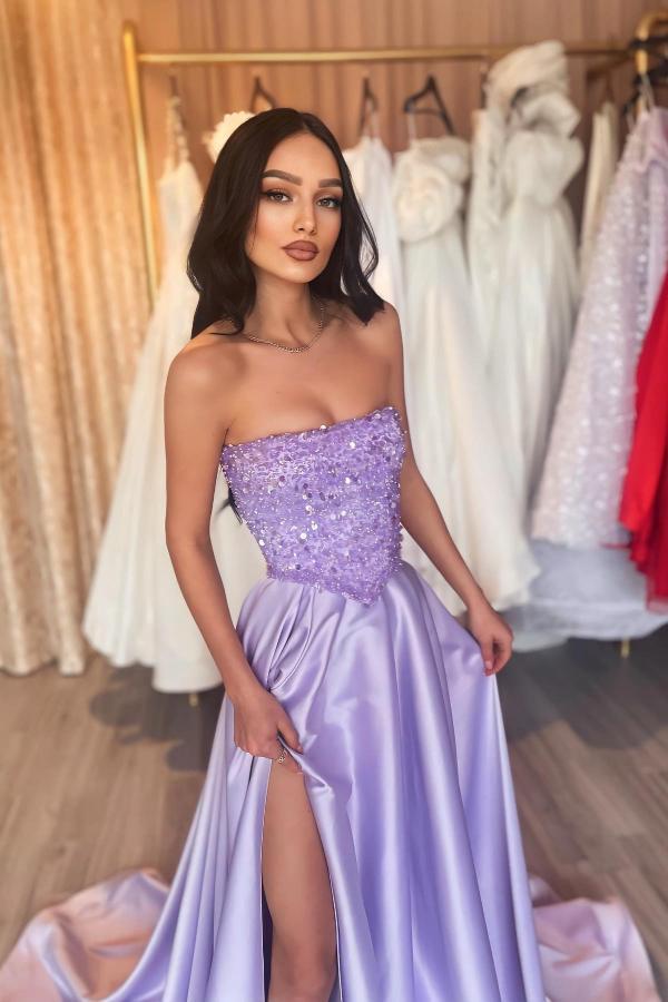Chic Strapless Sequins Long Evening Dress Lilac Front Split Satin Prom Dress-newarrivaldress