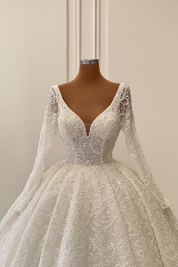 Luxury Long Sleeves Aline Wedding Dress V-Neck Floral Lace Bridal Gown-newarrivaldress