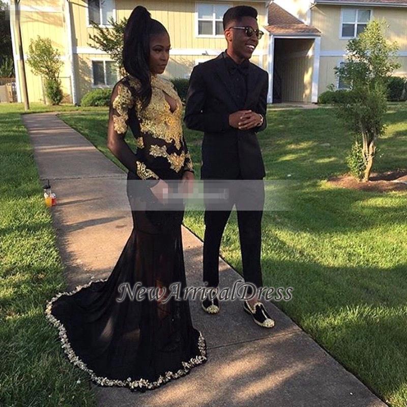 Long-Sleeve Gold-Appliques Black Sexy Mermaid Keyhole Prom Dress-newarrivaldress
