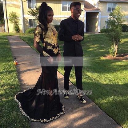 Long-Sleeve Gold-Appliques Black Sexy Mermaid Keyhole Prom Dress-newarrivaldress