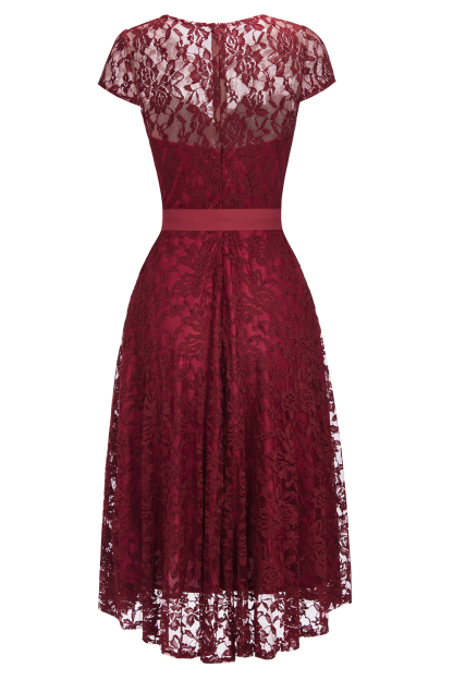 Burgundy Lace Short Sleeves A-line Dresses with Bow-newarrivaldress