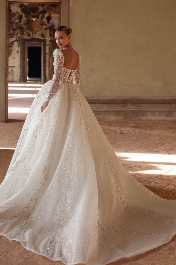 Gorgeous Square Neck Glitter Aline Garden Wedding Dress Pearls Sequined Bridal Gown with Puff Sleeves-newarrivaldress