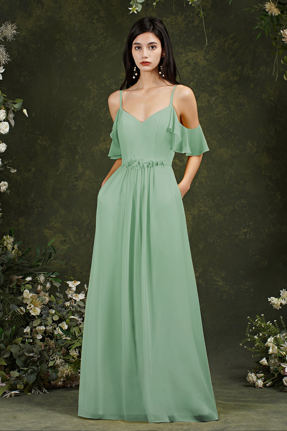 Ruffles Spaghetti Straps Chiffon Bridesmaid Dress Aline Wedding Guest Dress with Pockets-newarrivaldress