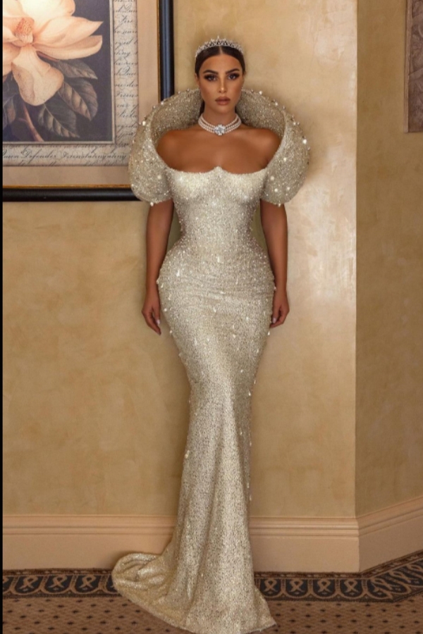 Gorgeous White Glitter Sequins Mermaid Wedding Gown Sweetheart Long Bridal Dress-newarrivaldress