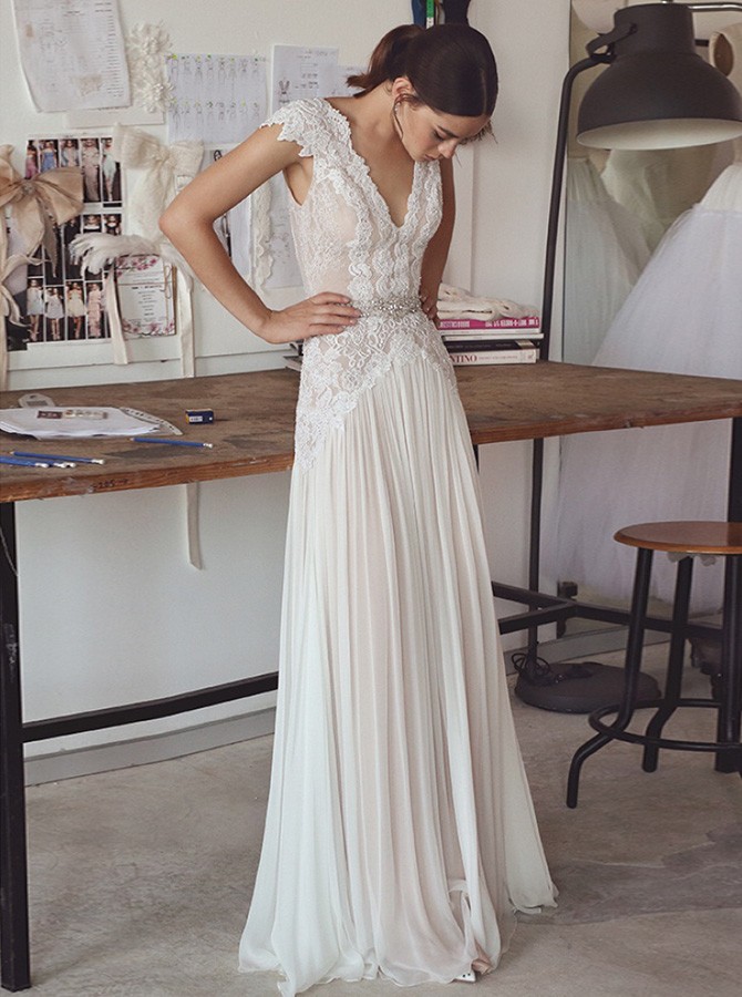 Chiffon Cap Sleeve Crystals Long Glamorous Wedding Dress-newarrivaldress