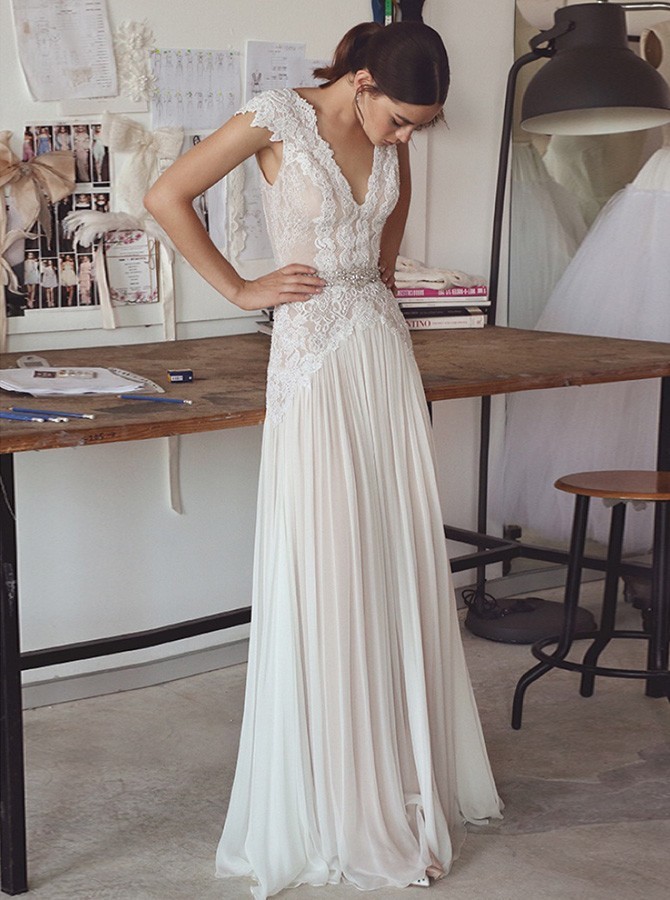 Chiffon Cap Sleeve Crystals Long Glamorous Wedding Dress-newarrivaldress