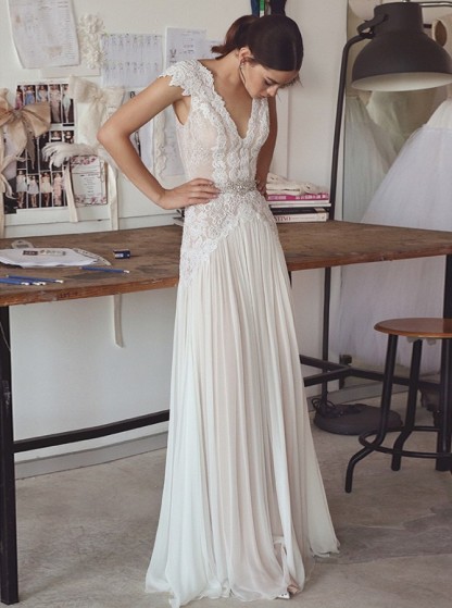 Chiffon Cap Sleeve Crystals Long Glamorous Wedding Dress-newarrivaldress