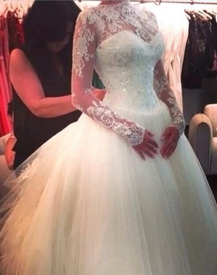 High Neck Lace Custom Made Ball Gown Wedding Dresses | Beading Crystals Long Sleeve Bridal Gowns-newarrivaldress