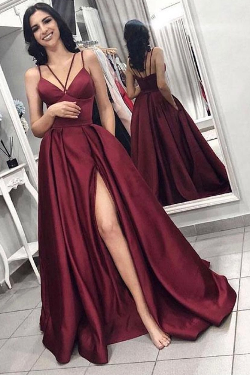 Sexy Sleeveless Front Split Prom Gown | Burgundy Spaghetti-Straps A-Line Evening Dress-newarrivaldress