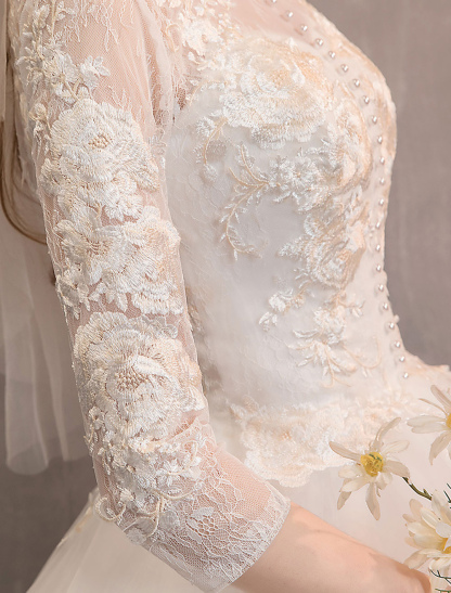 Tulle Wedding Dresses Ivory Illusion Neckline Half Sleeve Floor Length Princess Bridal Dress-newarrivaldress