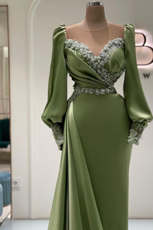 Long Sleeves Satin Mermaid Evening Gown with Crystals Sweetheart Long Prom Dress with Train-newarrivaldress