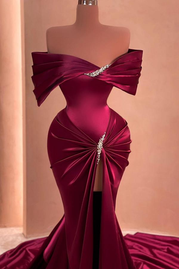 Stunning Off-the-Shoulder Satin Long Mermaid Evening Gown Beadings with Front Slit-newarrivaldress