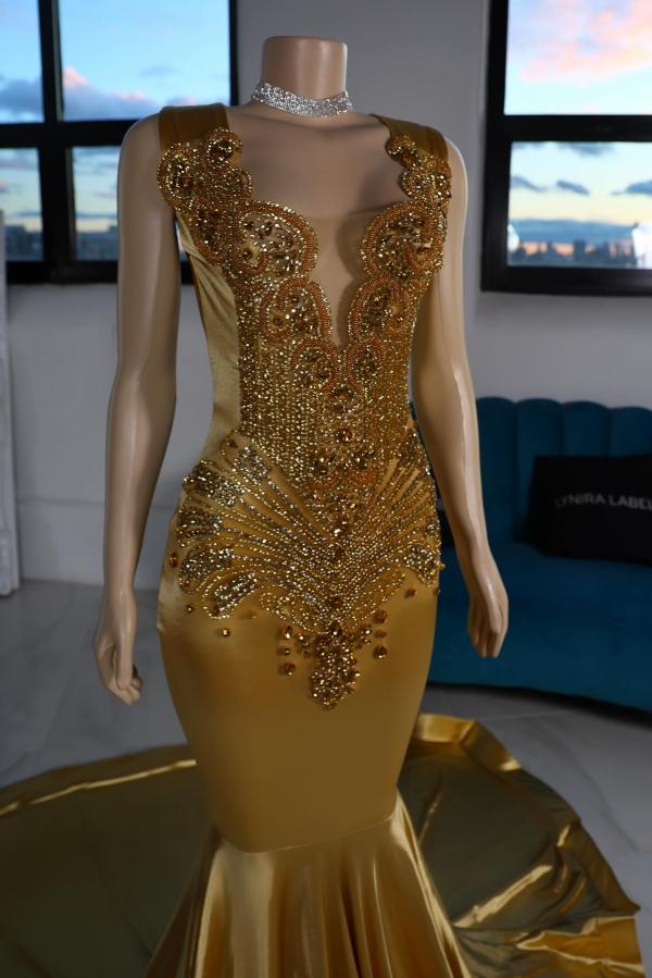 Stunning Crystals Mermaid Prom Dress V-Neck Long Sleeves Satin Bodycon Party Dress-newarrivaldress