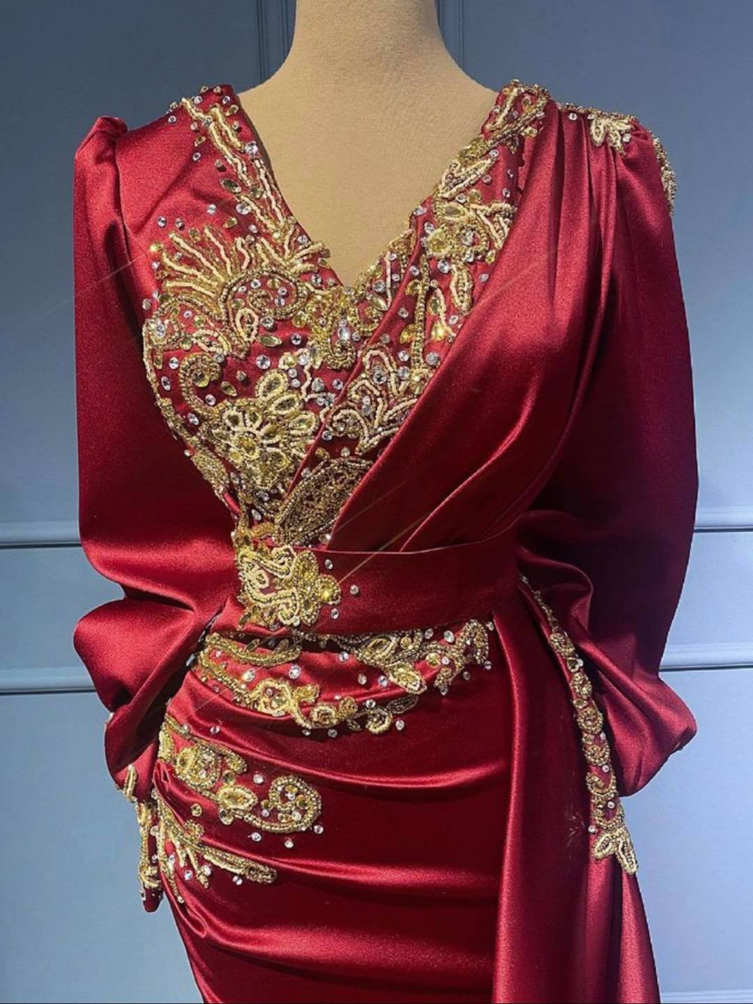 Stylish Long Mermaid V-neck Satin Beads Floor length Prom Dress with Sleeves Gold Appliques-newarrivaldress