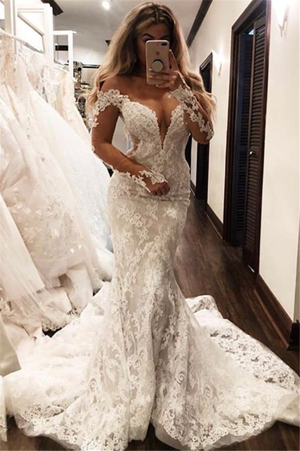 Gorgeous Off The Shoulder Long Sleeve V-Neck Lace Appliques Sexy Mermaid Floor Length Wedding Dresses-newarrivaldress