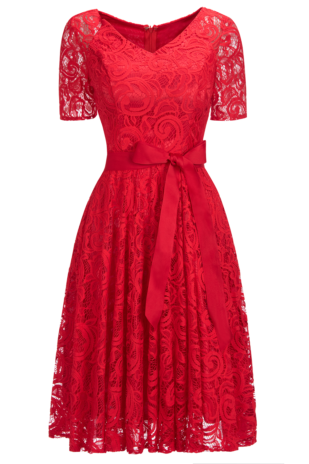 Elegant V-neck Short Sleeves Lace Dresses with Bow Sash-newarrivaldress