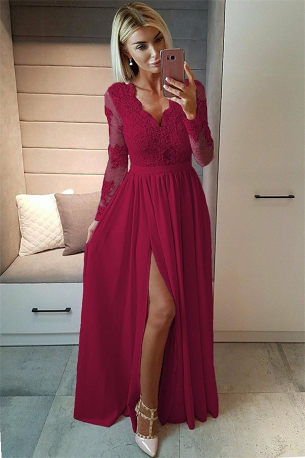 Sexy Slit Long Sleeve Formal Dress Online | Black Lace V-neck Prom Dresses FB0191-newarrivaldress