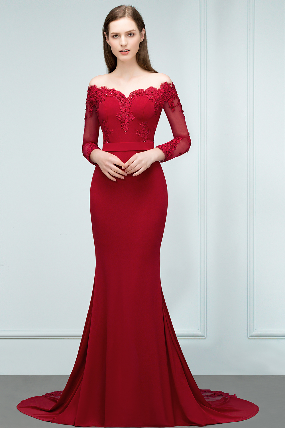 JOYCE | Mermaid Floor Length V-neck Off-shoulder Long Sleeves Appliqued Prom Dresses-newarrivaldress